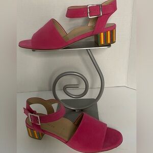 Ron White Italian made fuchsia suede adjustable, buckle, multicolor heel